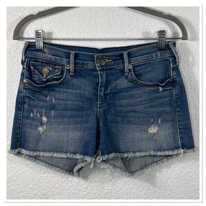 True Religion Blue Distressed & Dark Jean Shorts Sz 26 Cotton Blend